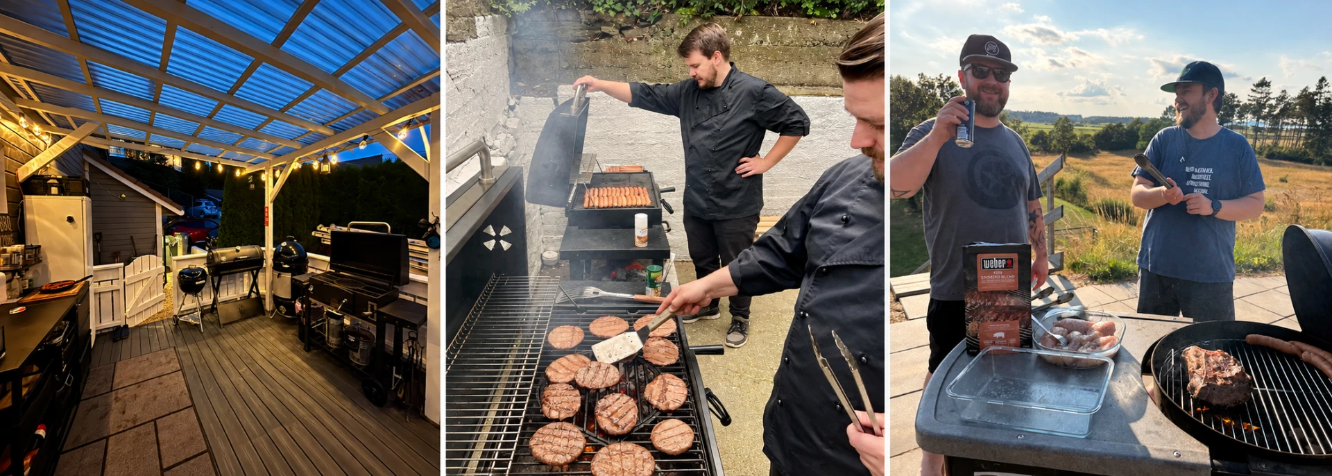 BBQ-området, grilling av burgere og kursdeltakere ved grillen